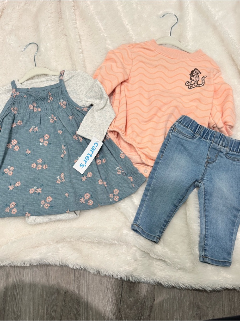 Carter's NWT & Disney Tigger Pooh Outfit - Peach Top, Blue Floral Dress, Denim